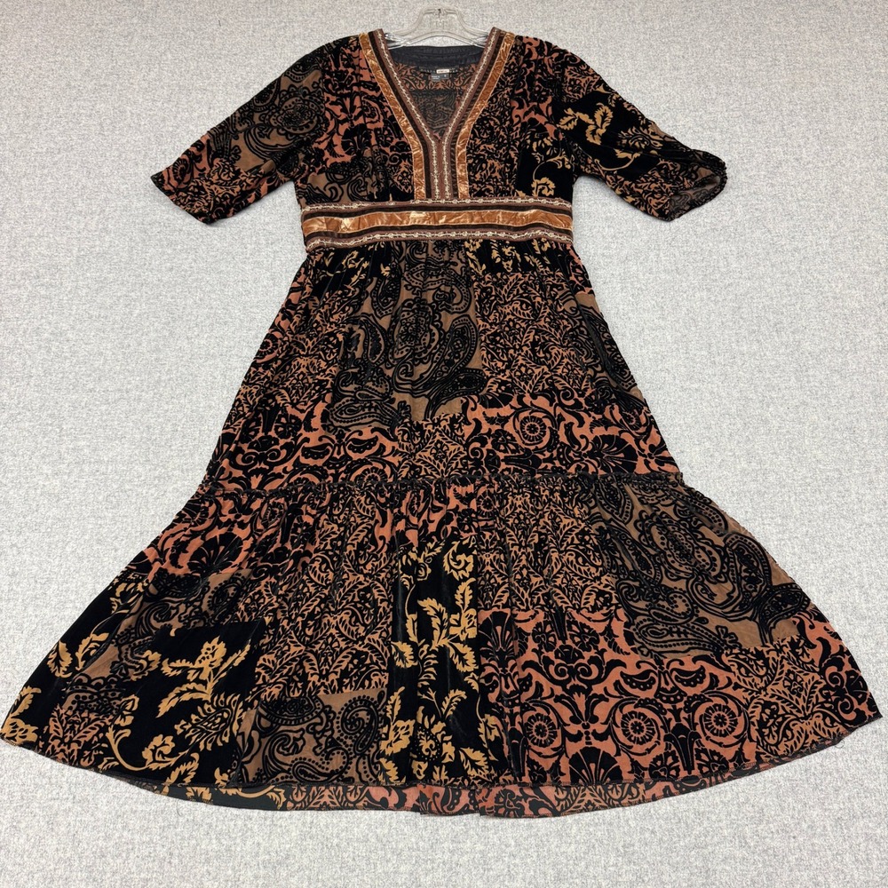 Muse Boston Proper Dress 8 Brown Black Paisley Burnout Velvet Empire Waist Midi